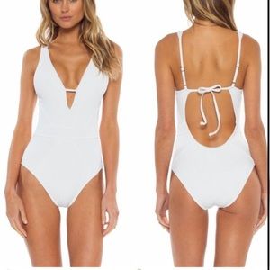 Becca Plunge White Ribbed One-Piece
